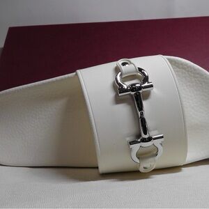 Salvatore Ferragamo White Slides with Silver Accent Buckle